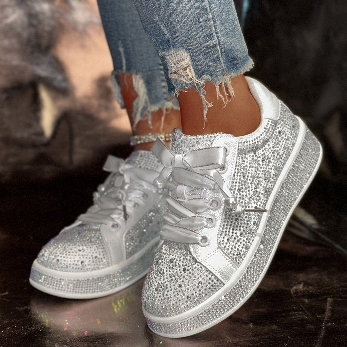 Rhinestone Satin Lace Platform Sneakers