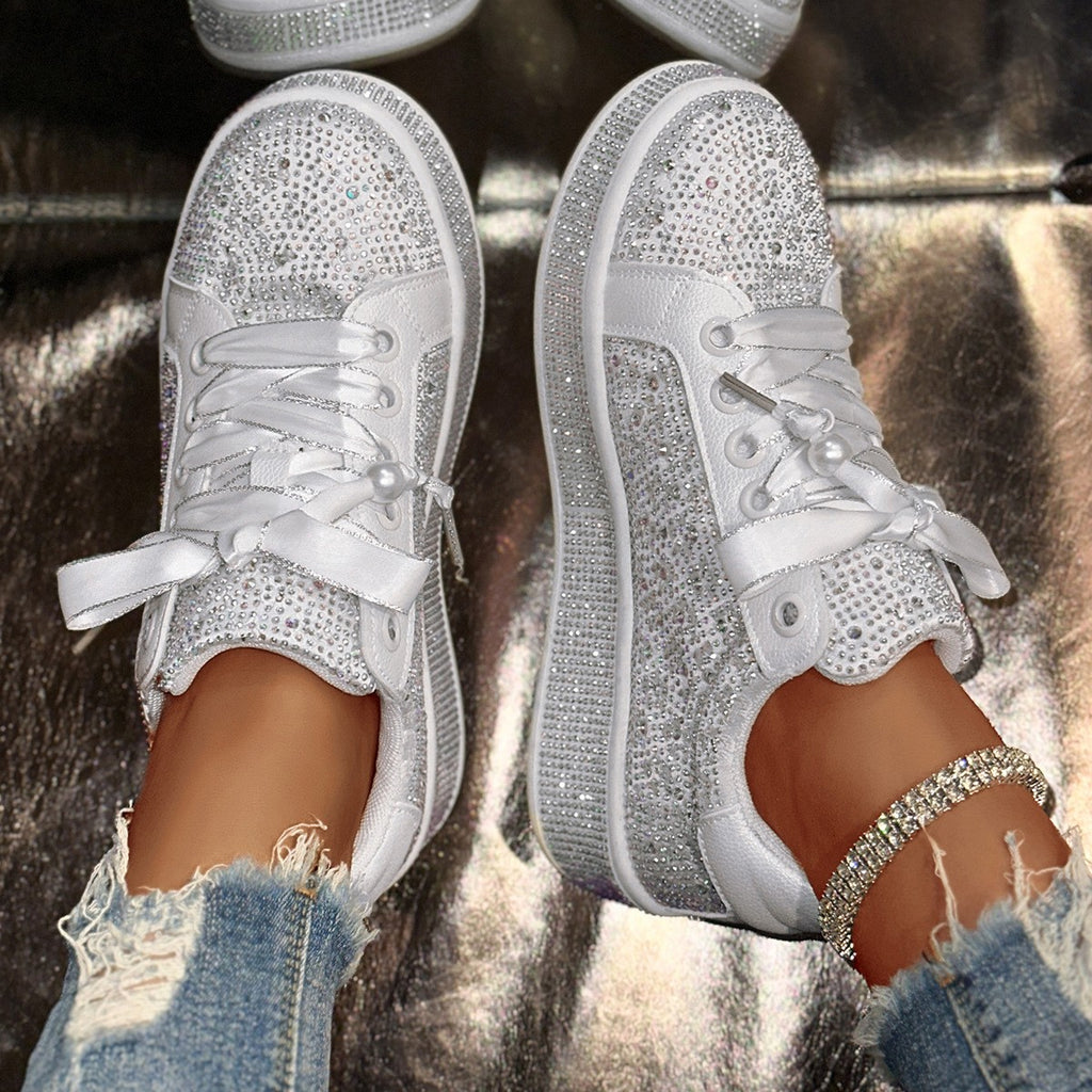 Rhinestone Satin Lace Platform Sneakers