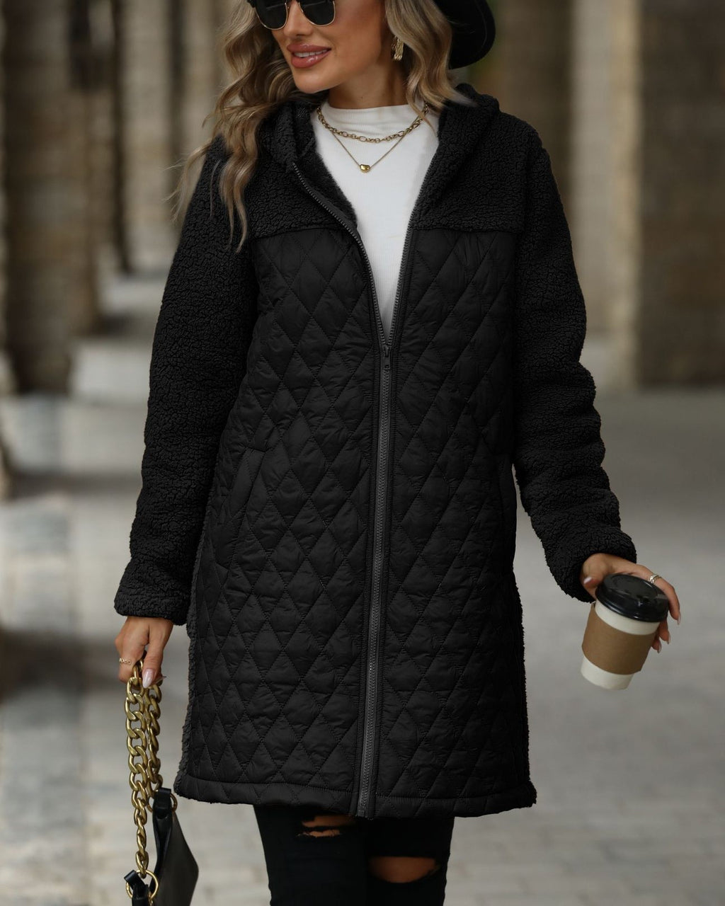 Hooded Quilted Sherpa Zip Coat - Black