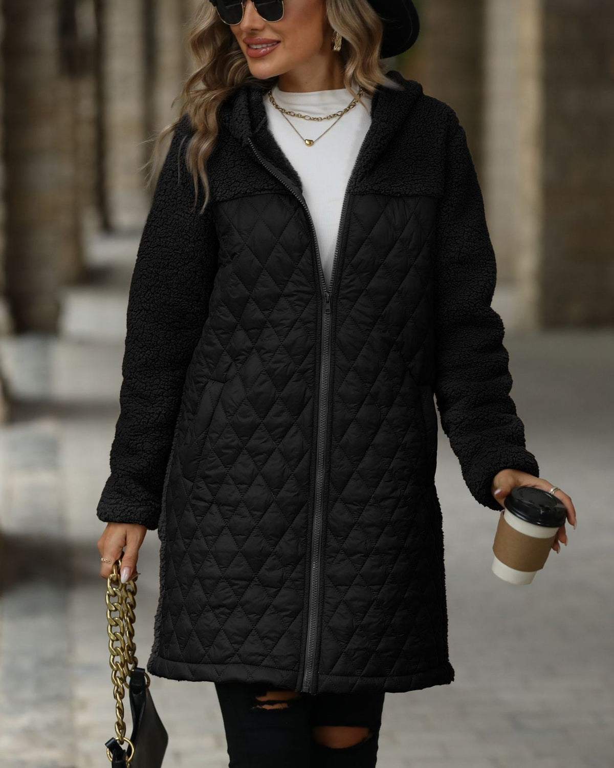 Hooded Quilted Sherpa Zip Coat - Black