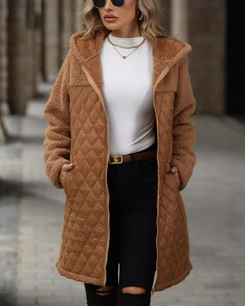 Hooded Quilted Sherpa Zip Coat - Camel