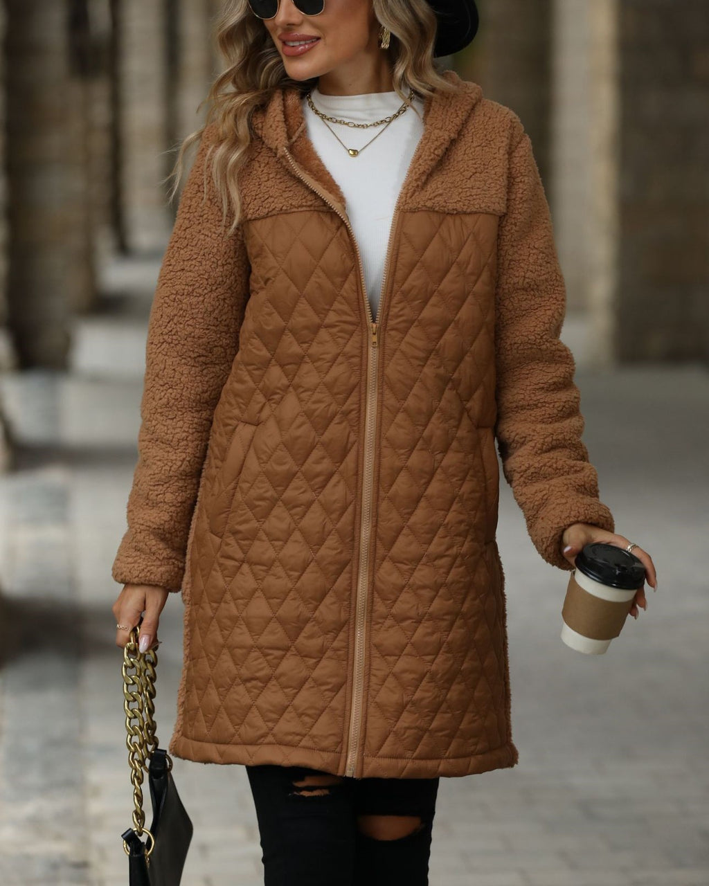 Hooded Quilted Sherpa Zip Coat - Camel - 1