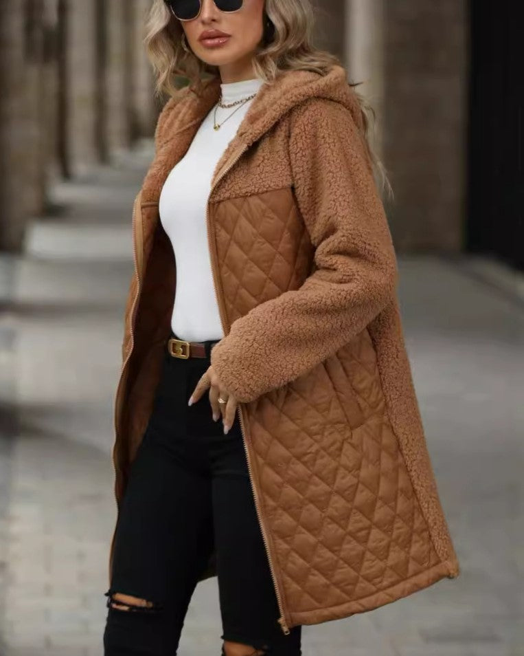 Hooded Quilted Sherpa Zip Coat - Camel - 2