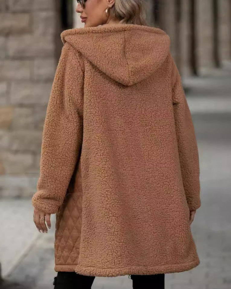 Hooded Quilted Sherpa Zip Coat - Camel - 3