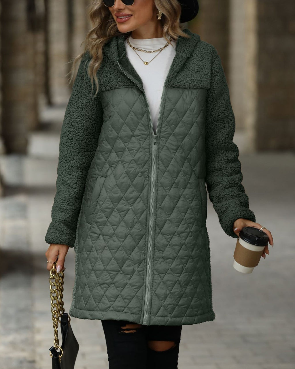 Hooded Quilted Sherpa Zip Coat - Green