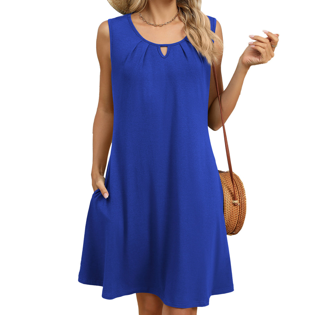 Sleeveless Keyhole Swing Dress With Pockets - DarkBlue