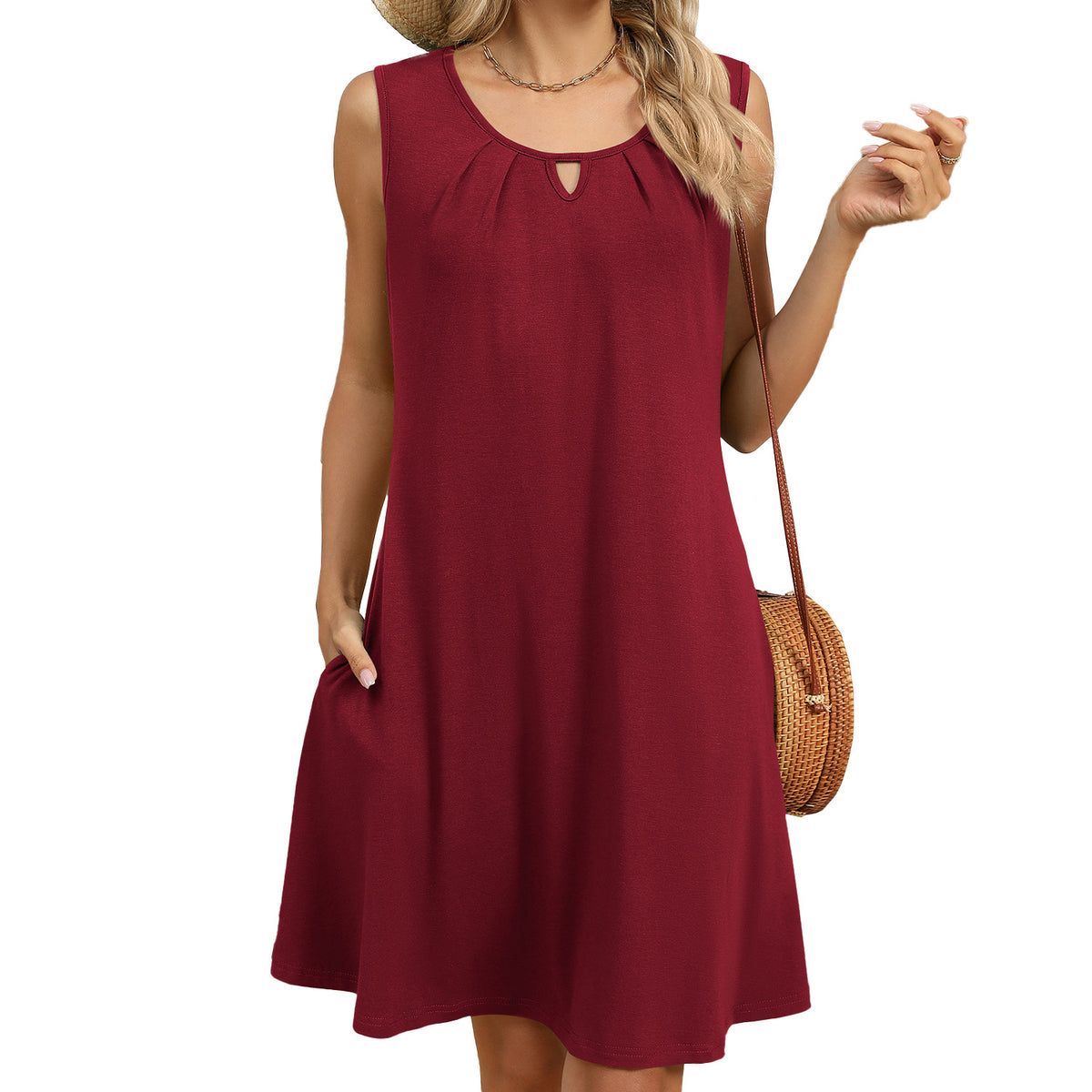 Sleeveless Keyhole Swing Dress With Pockets - red