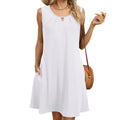 Sleeveless Keyhole Swing Dress With Pockets - white