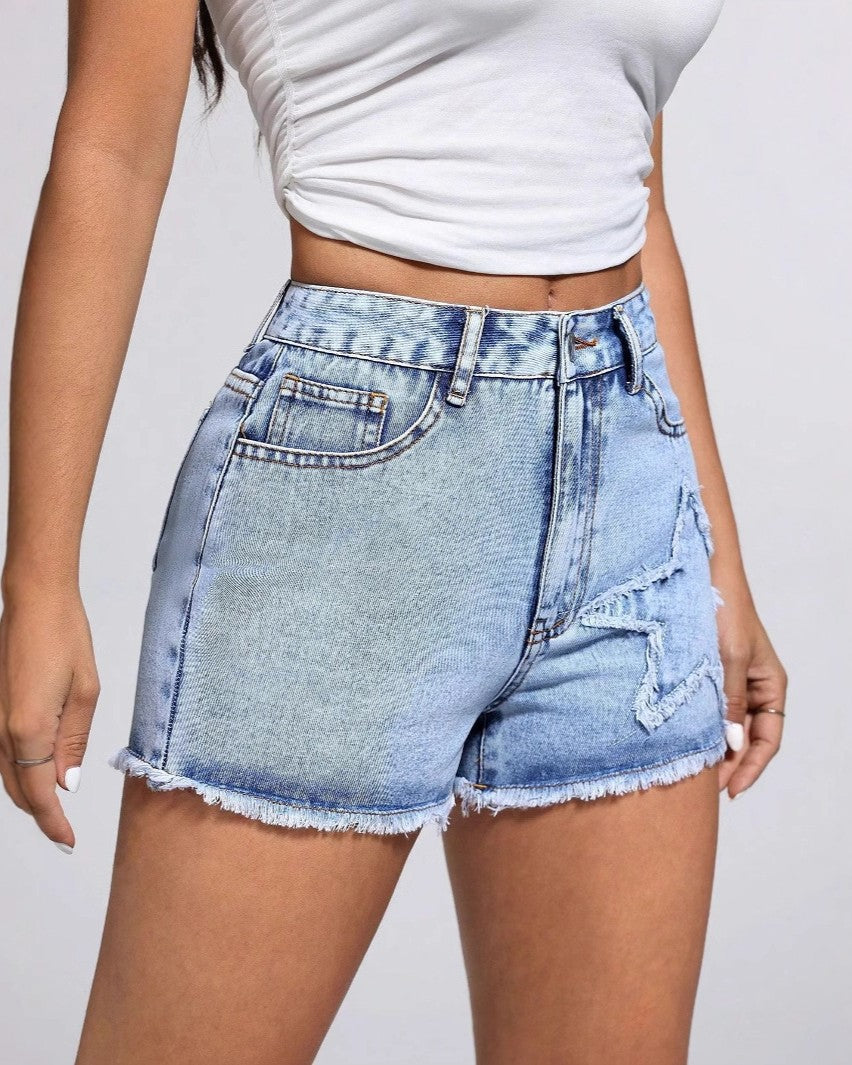 Star Patch Raw Hem Denim Shorts - Blue
