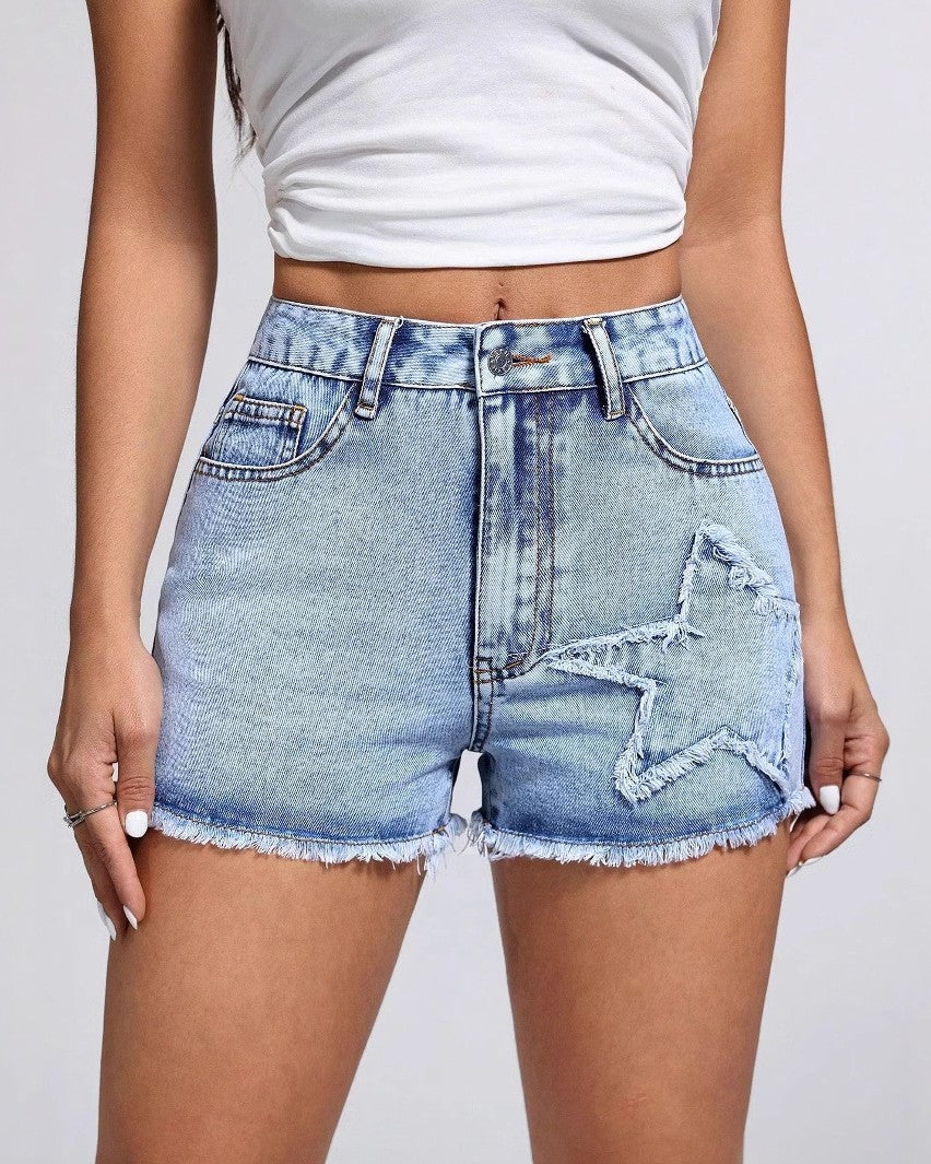 Star Patch Raw Hem Denim Shorts - Blue - 1