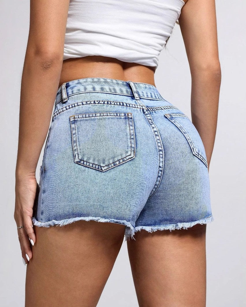 Star Patch Raw Hem Denim Shorts - Blue - 4