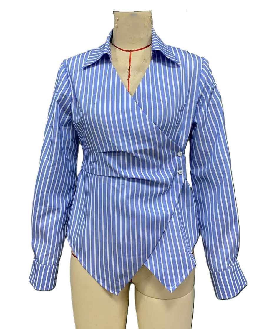Striped Asymmetric Hem Wrap Shirt - Blue