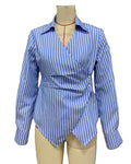 Striped Asymmetric Hem Wrap Shirt - Blue