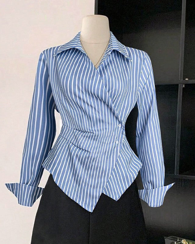 Striped Asymmetric Hem Wrap Shirt - Blue - 1