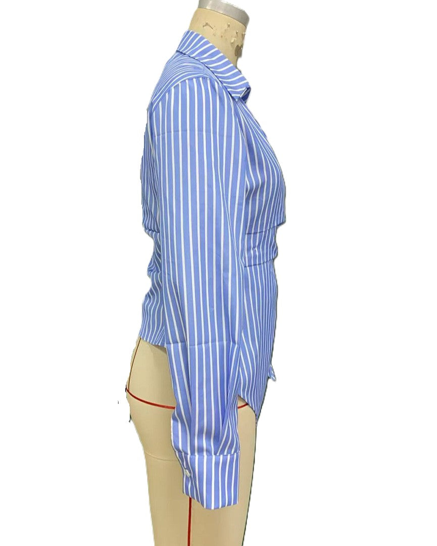 Striped Asymmetric Hem Wrap Shirt - Blue - 2
