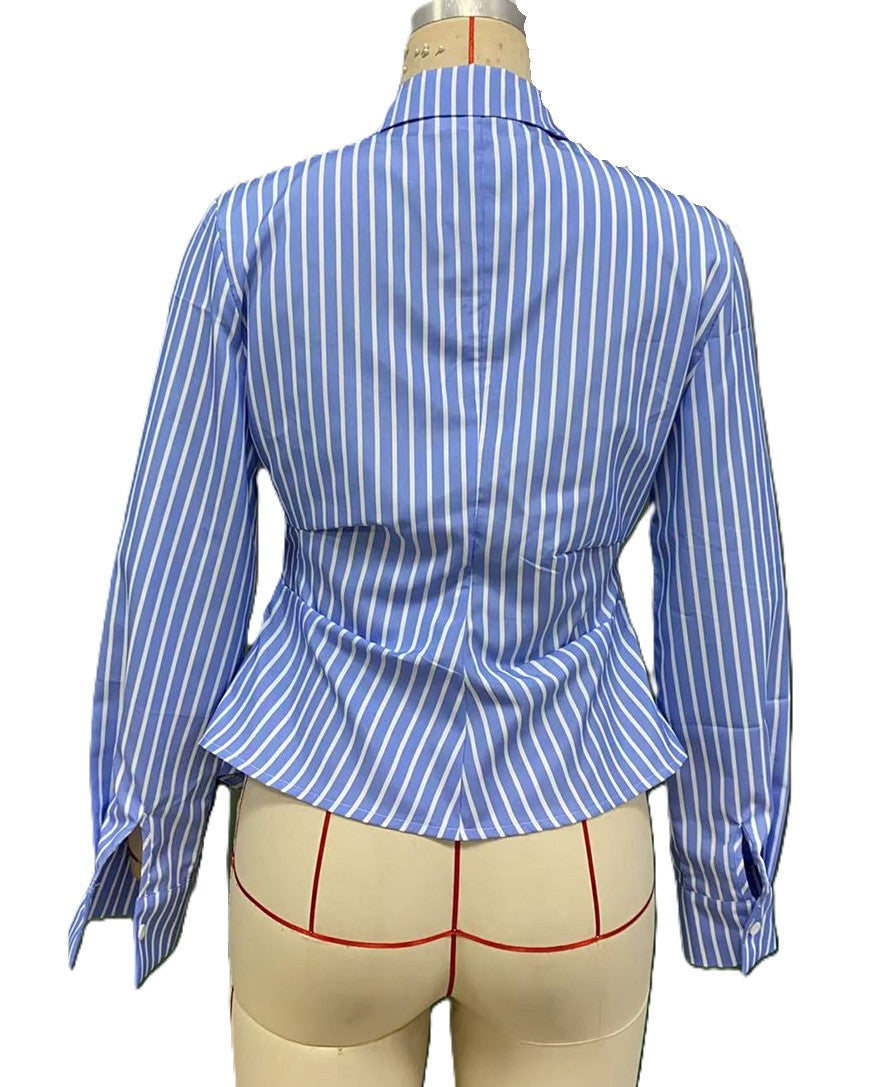 Striped Asymmetric Hem Wrap Shirt - Blue - 3