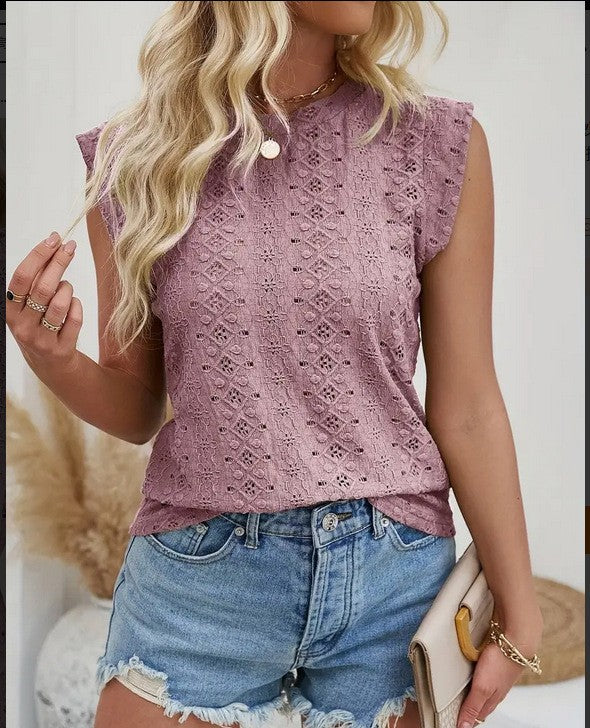 Eyelet Knit Mock Neck Cap Sleeve Tee