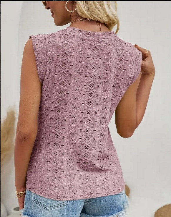 Eyelet Knit Mock Neck Cap Sleeve Tee - view 2