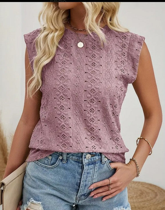 Eyelet Knit Mock Neck Cap Sleeve Tee - view 3