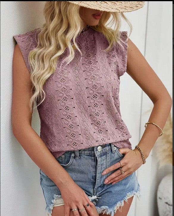 Eyelet Knit Mock Neck Cap Sleeve Tee - view 4