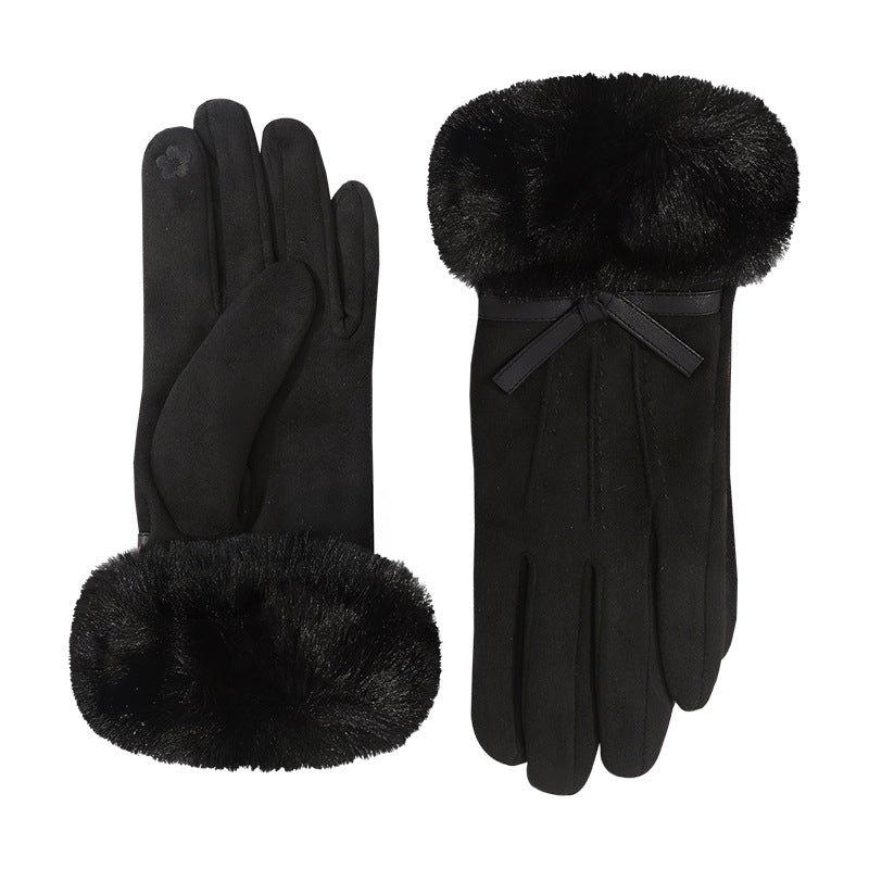 Plush Fur Cuff Bow Winter Gloves - Black