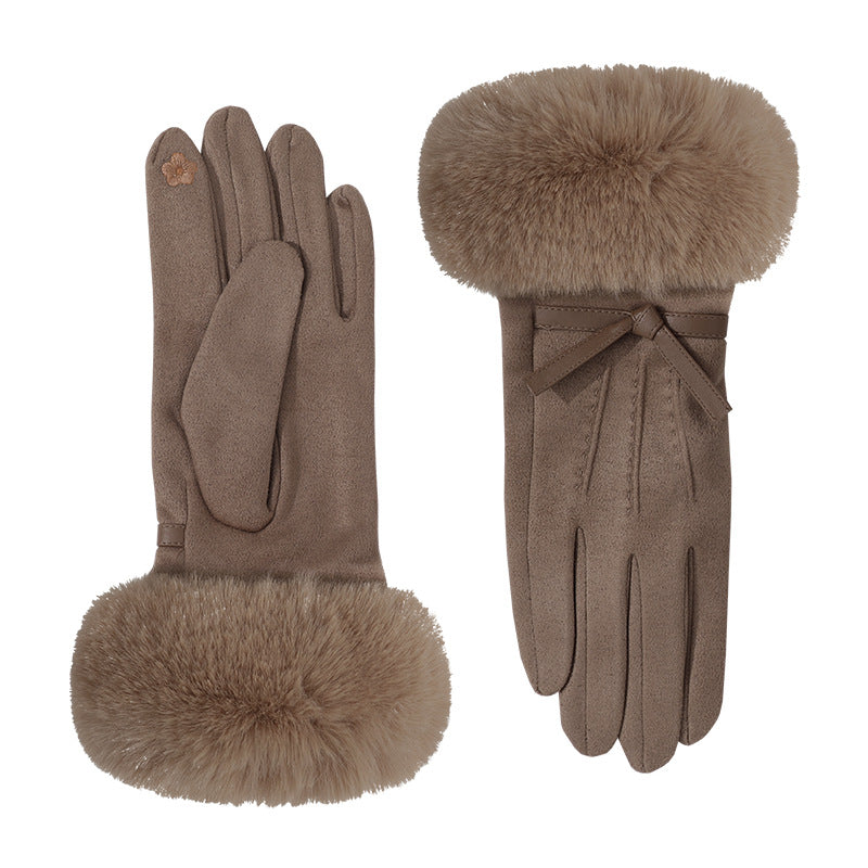 Plush Fur Cuff Bow Winter Gloves - DarkBrown