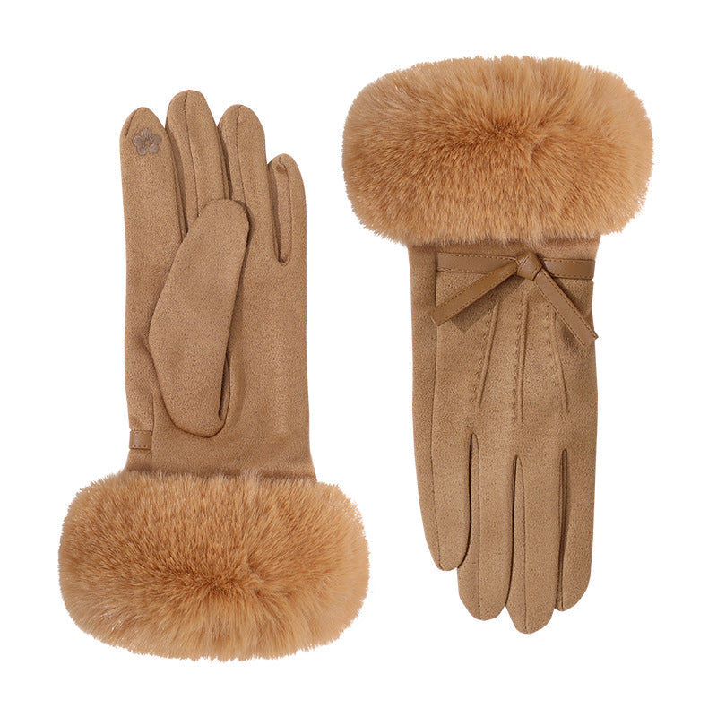 Plush Fur Cuff Bow Winter Gloves - Khaki