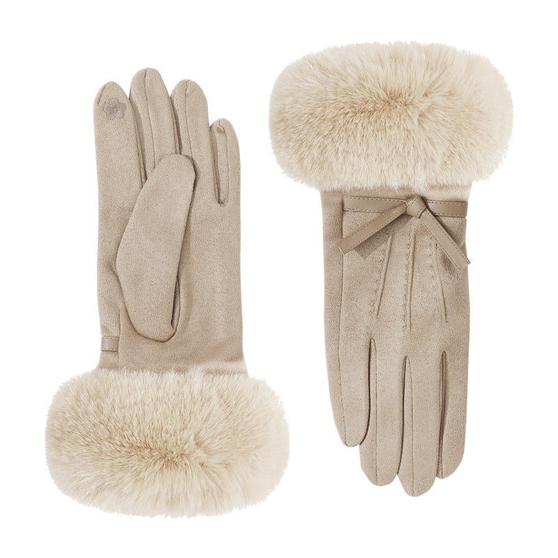 Plush Fur Cuff Bow Winter Gloves - LightCoffee