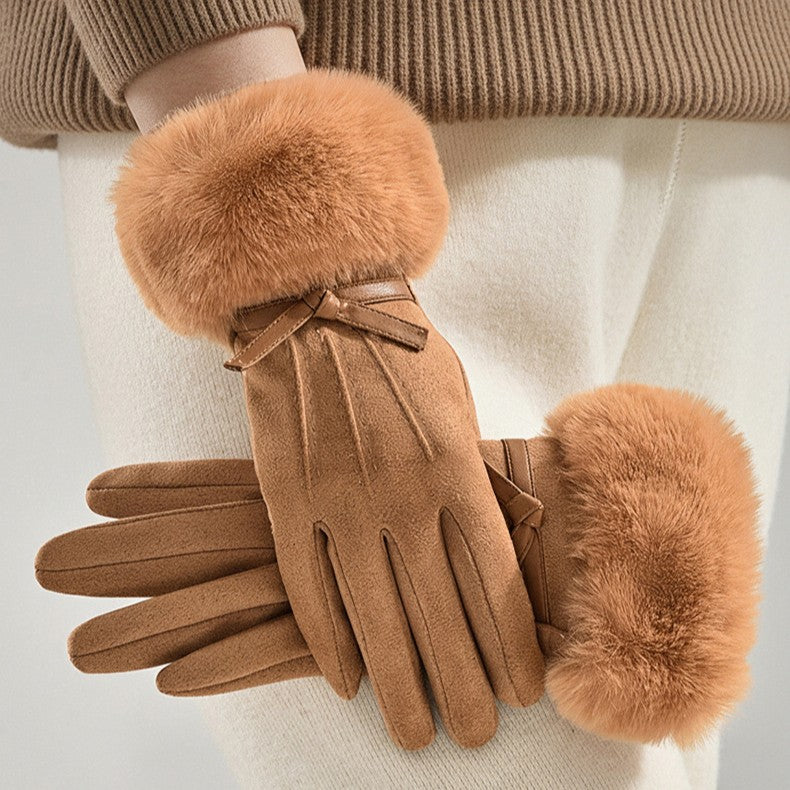 Plush Fur Cuff Bow Winter Gloves