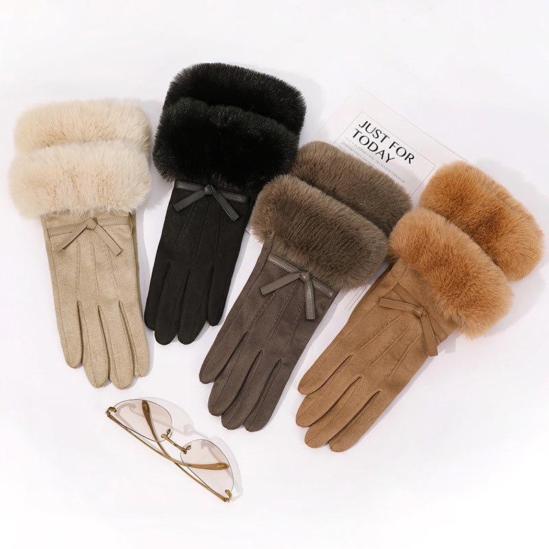 Plush Fur Cuff Bow Winter Gloves - view 1