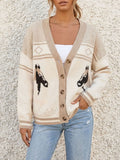 Horse Intarsia Cardigan With Patch Pockets - Apricot