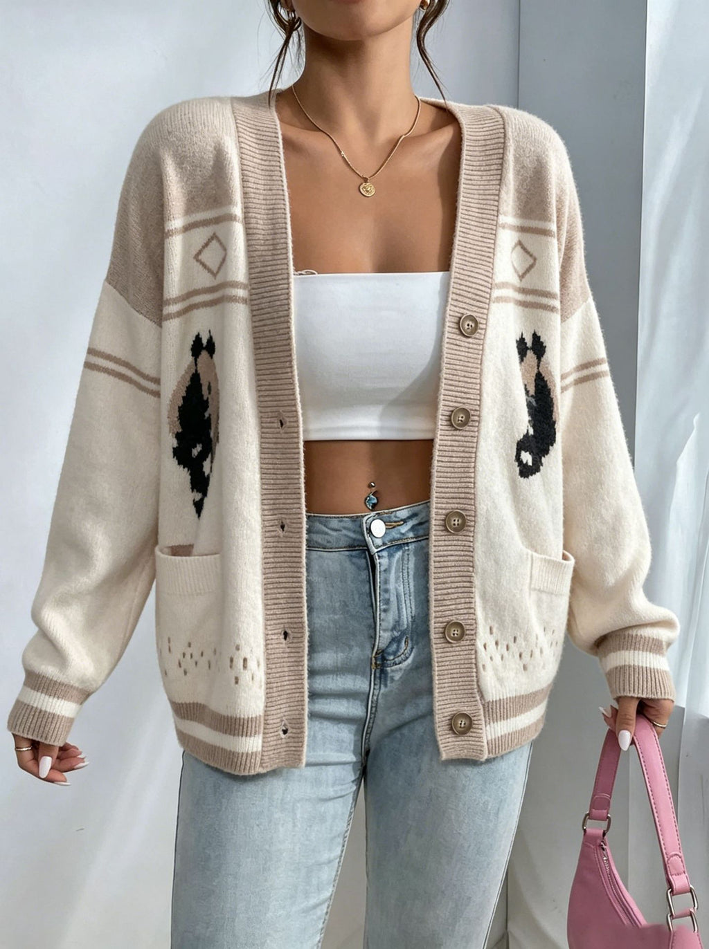 Horse Intarsia Cardigan With Patch Pockets - Apricot - 3