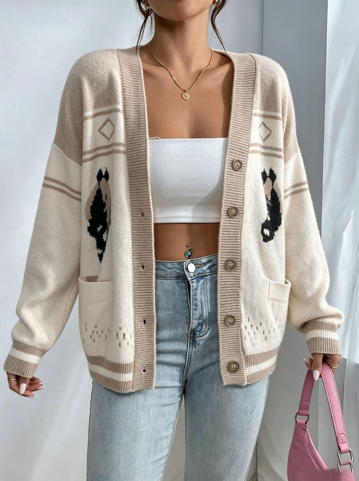 Horse Intarsia Cardigan With Patch Pockets - Apricot - 3