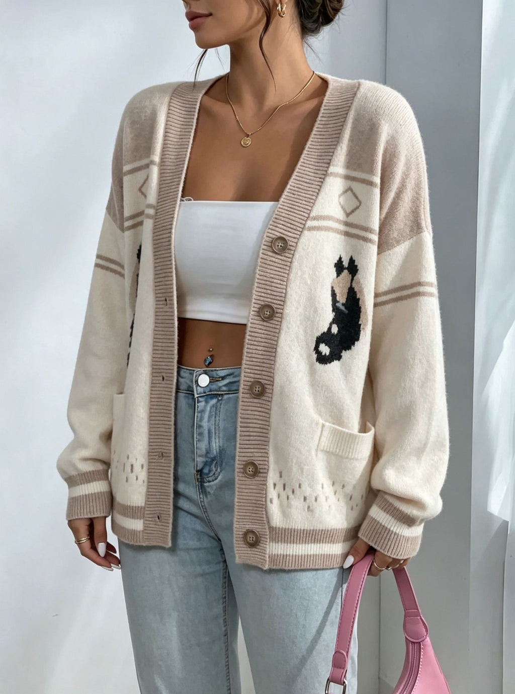 Horse Intarsia Cardigan With Patch Pockets - Apricot - 5