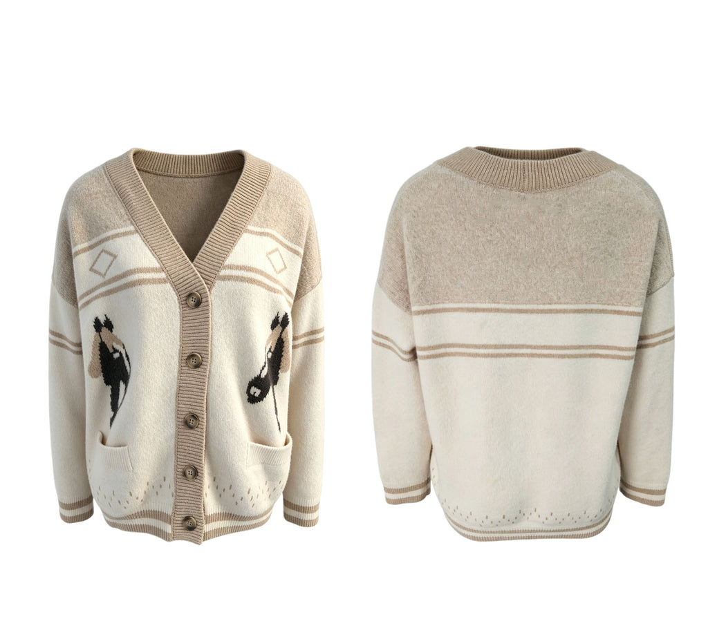 Horse Intarsia Cardigan With Patch Pockets - Apricot - 6
