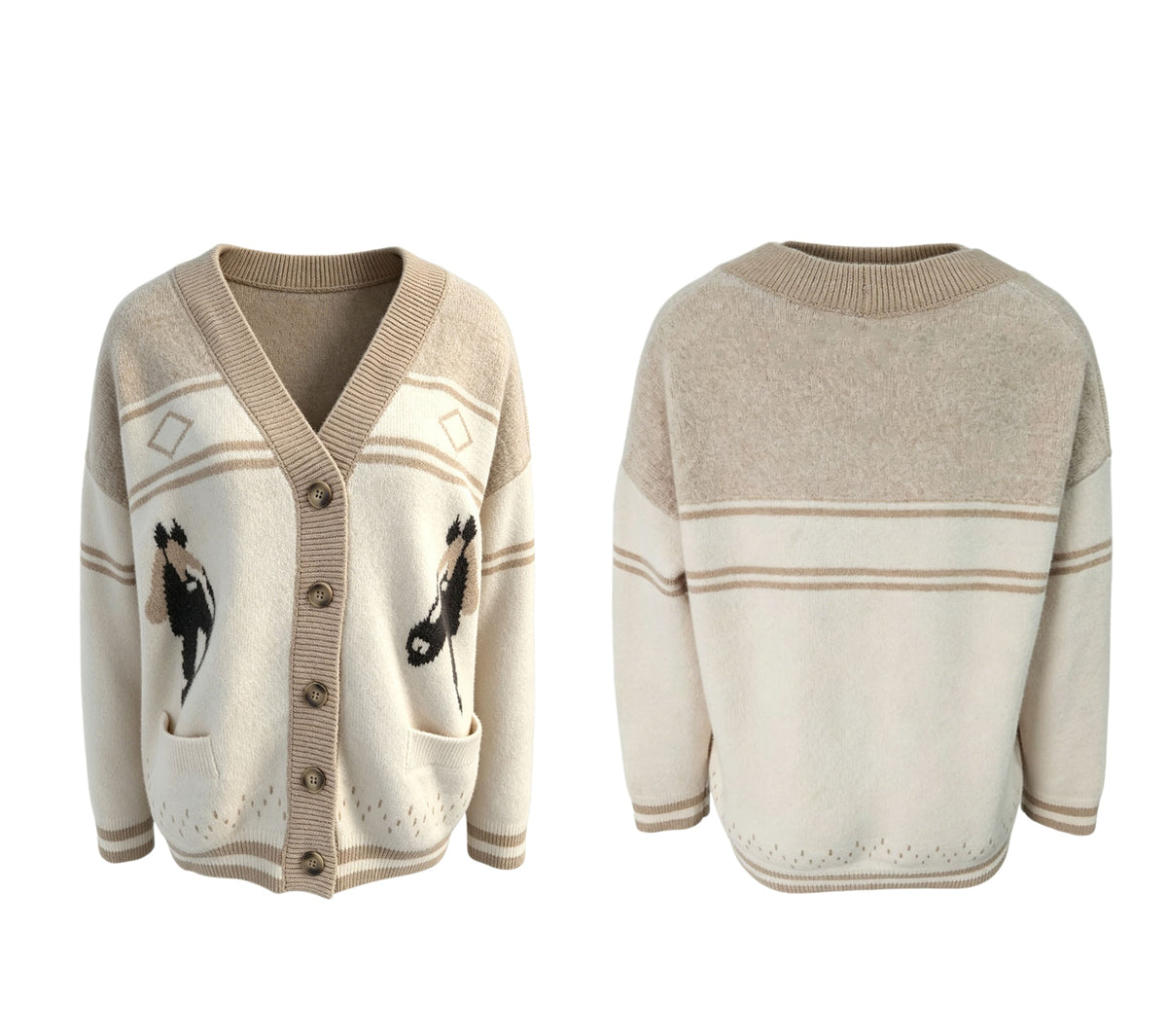 Horse Intarsia Cardigan With Patch Pockets - Apricot - 6