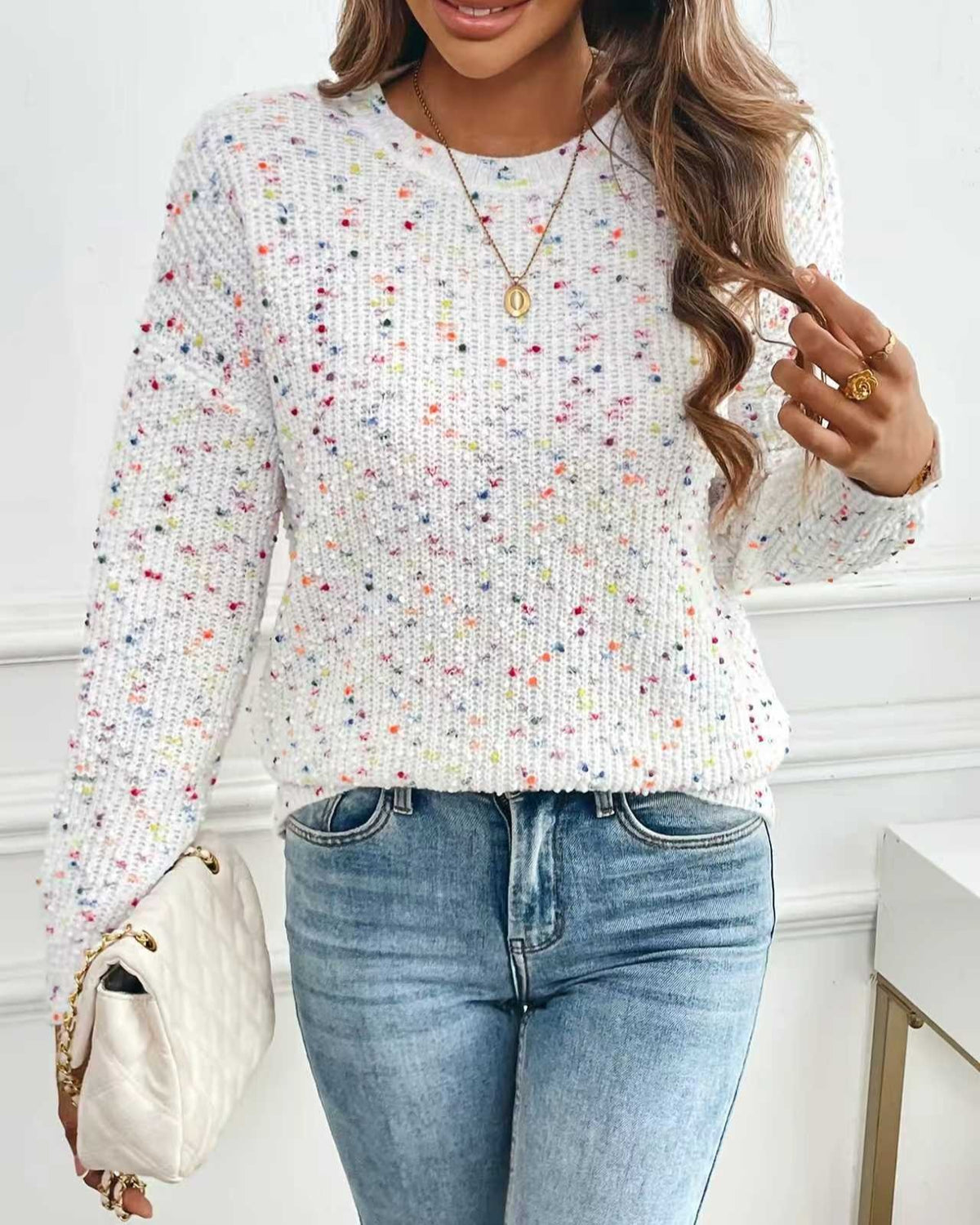 Confetti Speckle Crewneck Pullover Sweater - Off-White