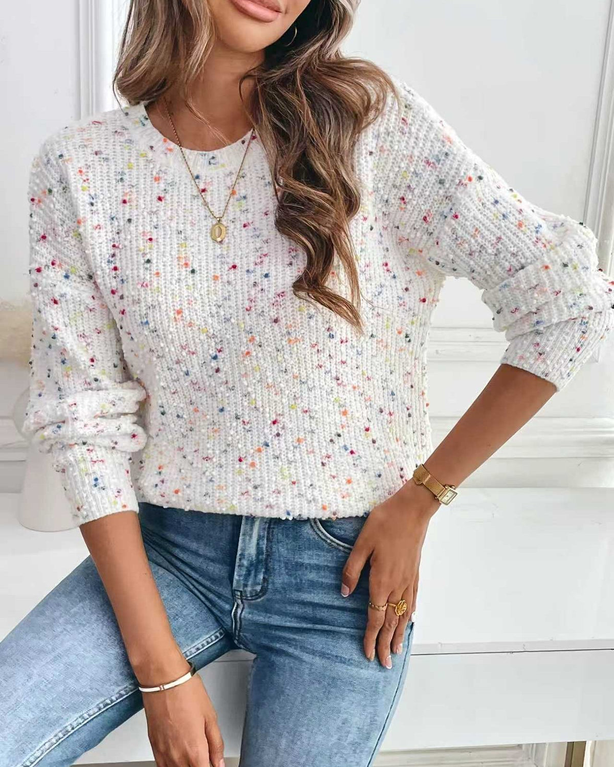 Confetti Speckle Crewneck Pullover Sweater - Off-White - 1