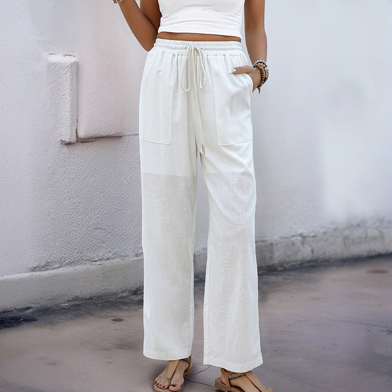 Drawstring Waist Textured Straight Leg Pants - Beige