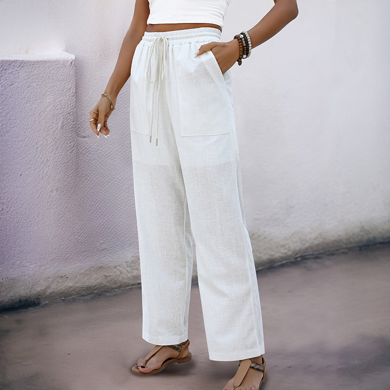 Drawstring Waist Textured Straight Leg Pants - Beige - 2