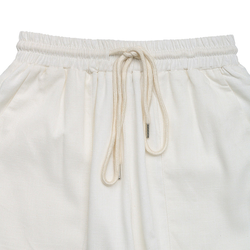 Drawstring Waist Textured Straight Leg Pants - Beige - 6