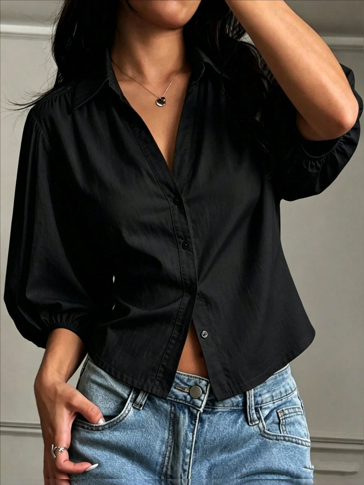 Collared Puff Sleeve Blouse With Nipped Waist - Black