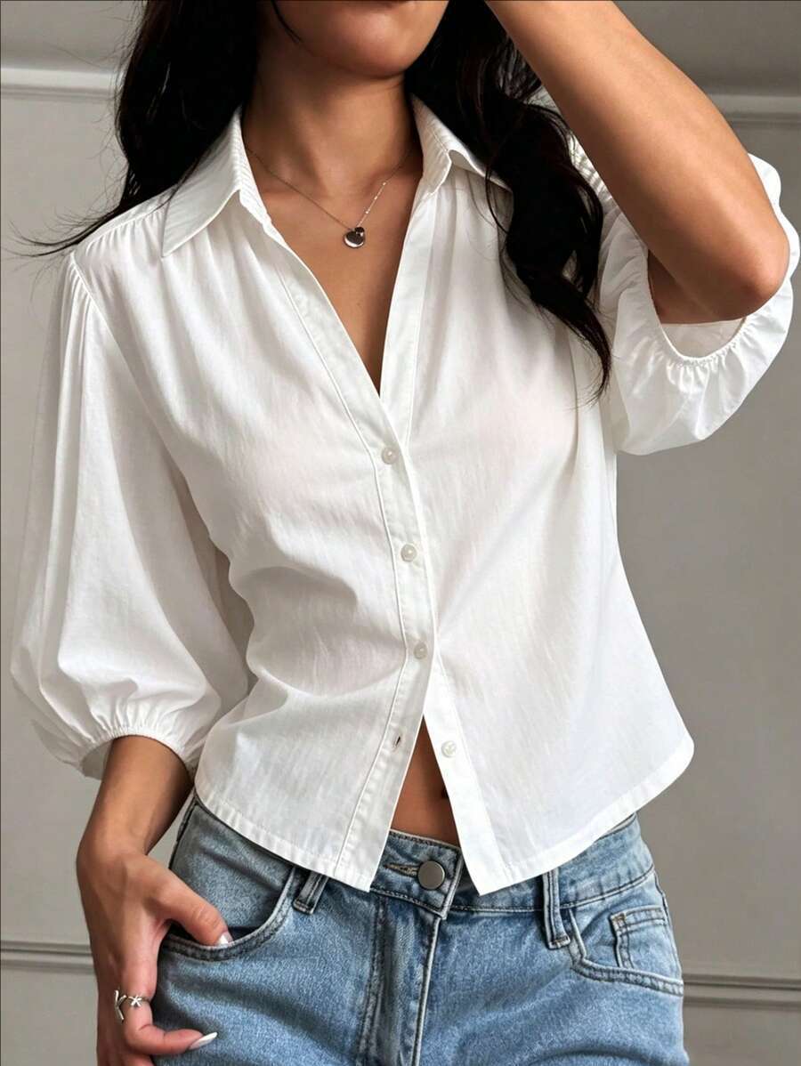 Collared Puff Sleeve Blouse With Nipped Waist - White