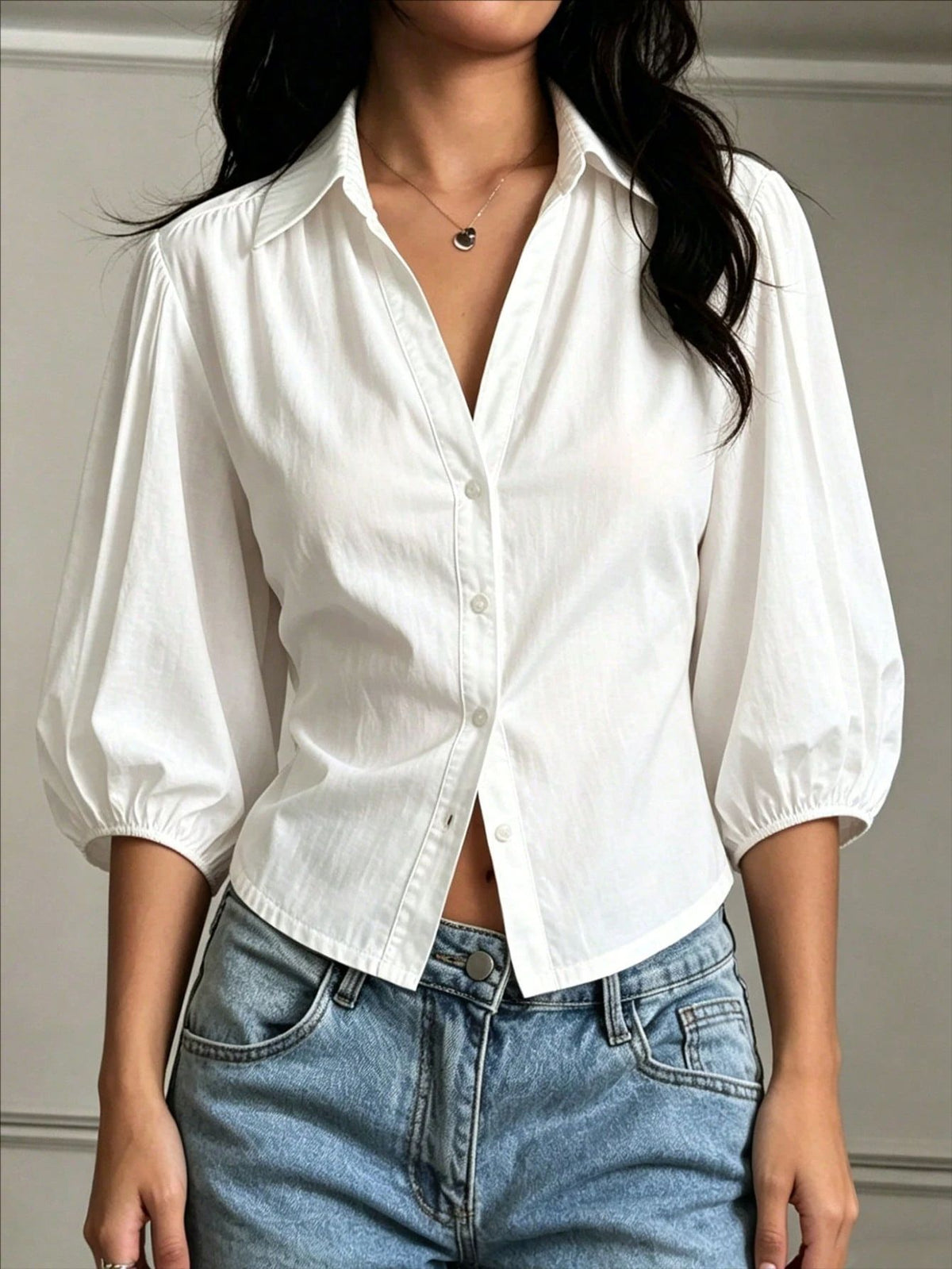 Collared Puff Sleeve Blouse With Nipped Waist - White - 1