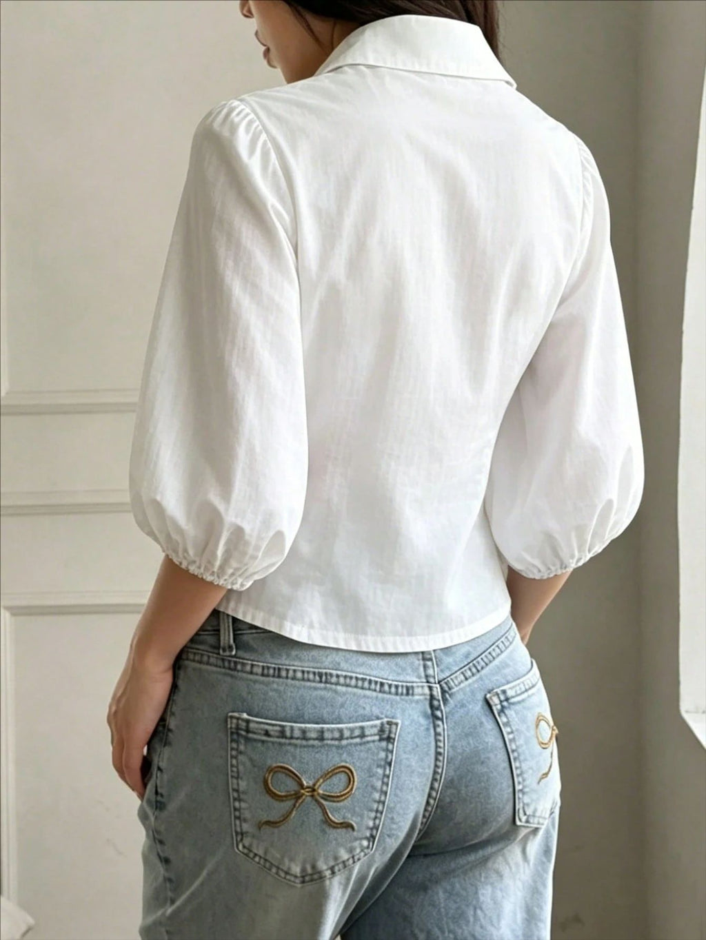 Collared Puff Sleeve Blouse With Nipped Waist - White - 3