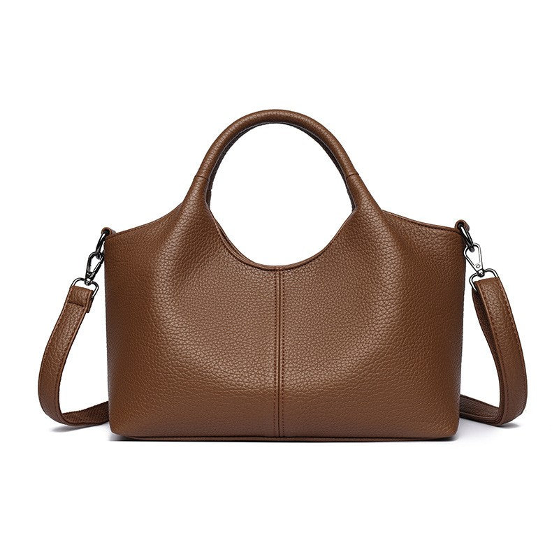 Slouchy Pebbled Top Handle Bag with Crossbody Strap - Brown