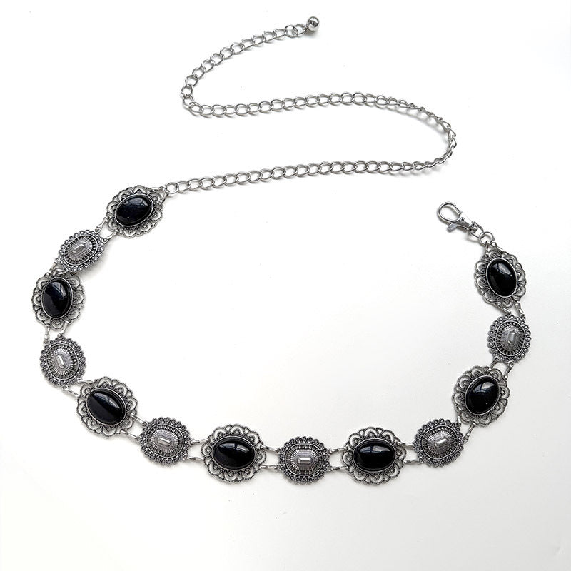 Vintage Oval Stone Metal Chain Waist Belt - Black