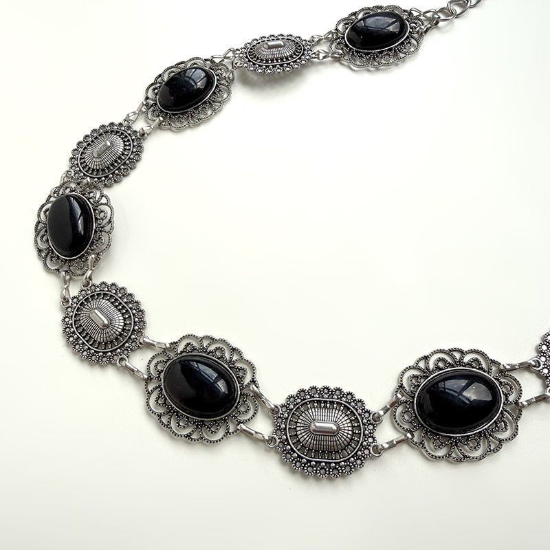 Vintage Oval Stone Metal Chain Waist Belt - Black - 1