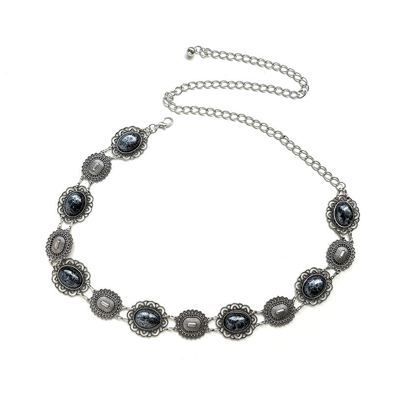 Vintage Oval Stone Metal Chain Waist Belt - Navyblue