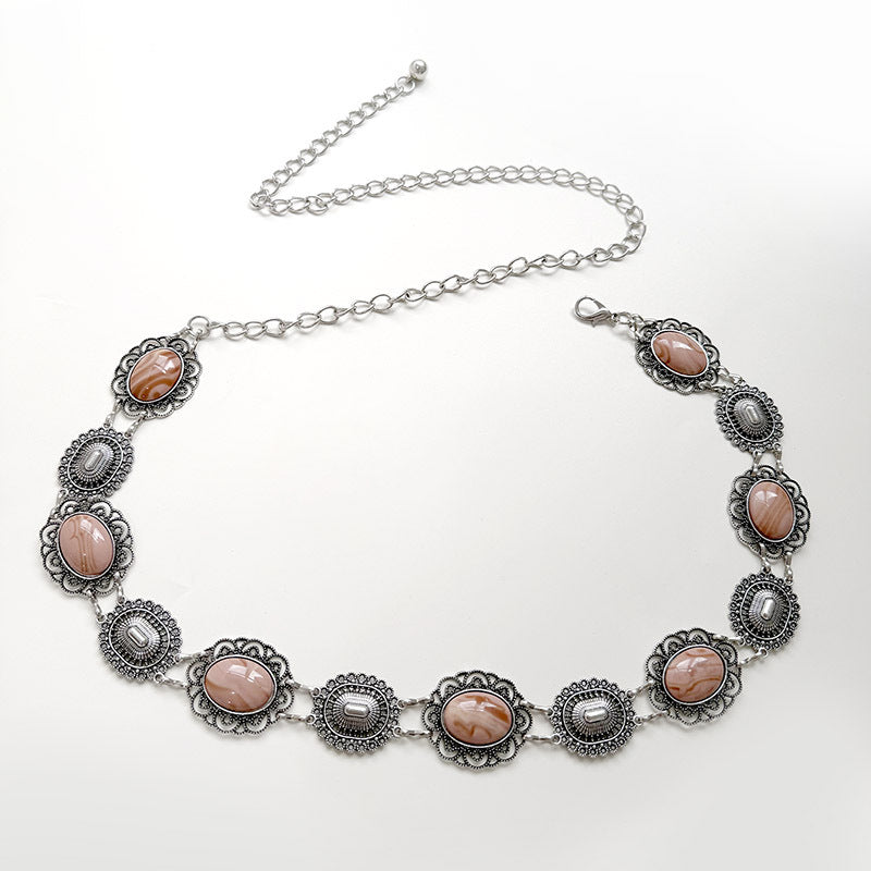 Vintage Oval Stone Metal Chain Waist Belt - Pink